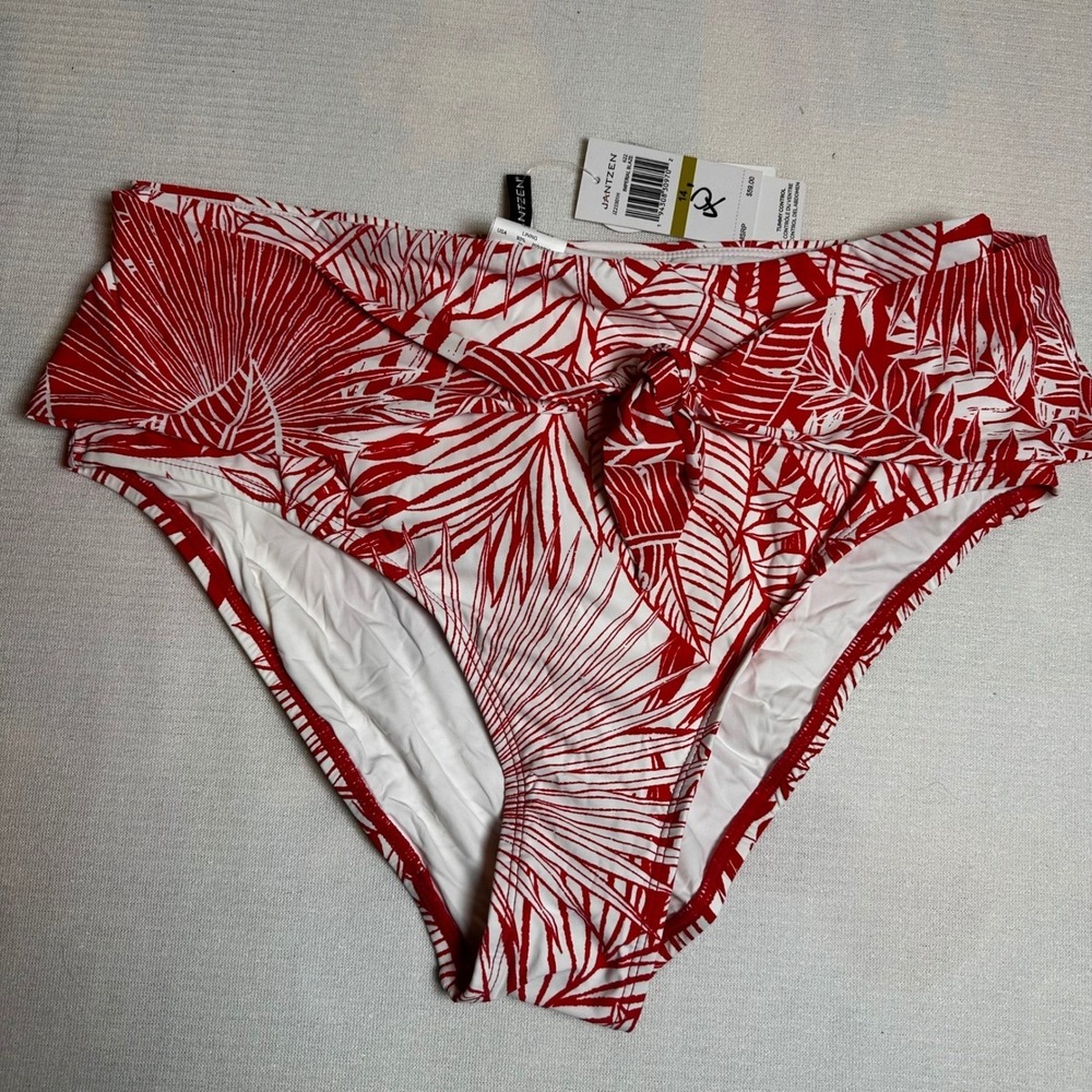 Jantzen Imperial Blaze Red White Tropical Leaf High Waist Bikini Bottoms Size 14